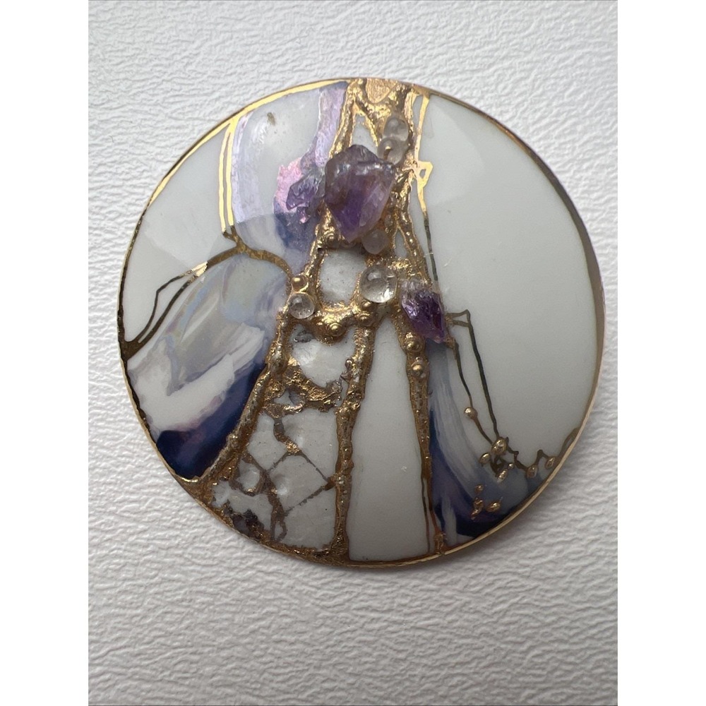 Liv Bjordal Artist Signed Ceramic Brooch Amethyst Quartz Gold Abstract Round Pin